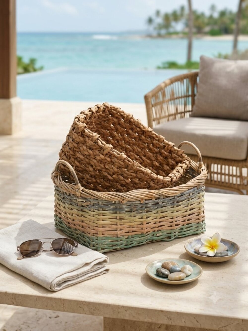 Woven Natural and Pastel Rectangular Storage Basket Set
